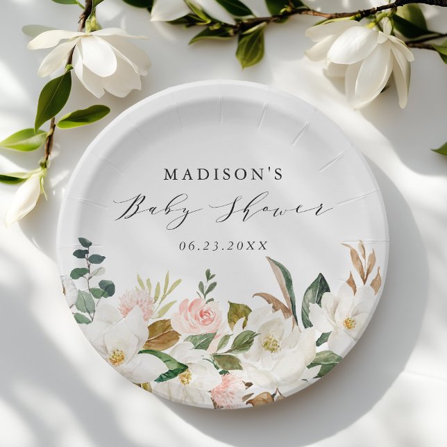 Elegant Watercolor Magnolias Baby Shower Paper Plate (Creator Uploaded)