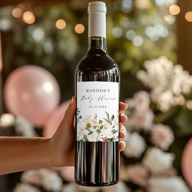 Elegant Watercolor Magnolias Baby Shower Wine Label (Creator Uploaded)