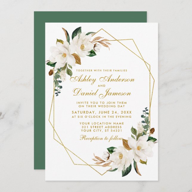 Elegant Watercolor Magnolias Greenery Gold Wedding Invitation (Front/Back)