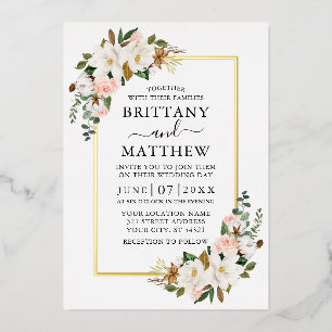 Elegant Watercolor Magnolias Roses Wedding Gold