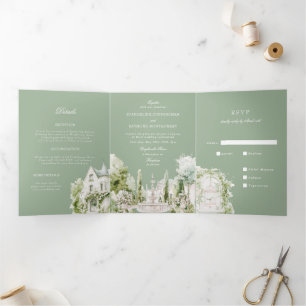 Elegant Watercolor Manor Garden Wedding Tri-Fold Invitation
