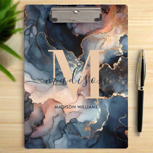 Elegant Watercolor Marble Agate Monogram Name Clipboard