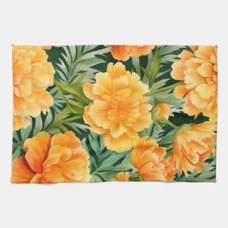 Elegant Watercolor Marigold Flowers Tea Towel