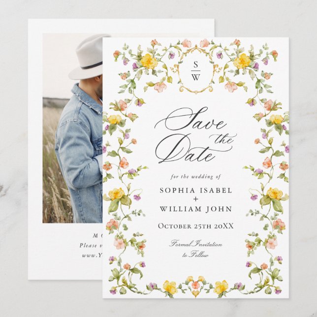 Elegant Watercolor Meadow Wildflower Wedding Photo Save The Date (Front/Back)