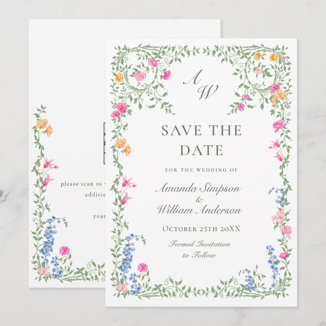 Elegant Watercolor Meadow Wildflower Wedding Save The Date (Front/Back)