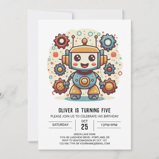 Elegant Watercolor Mechanical Robot Birthday Invitation (Front)
