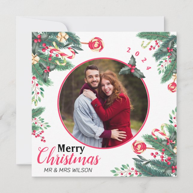 Elegant Watercolor Merry Christmas Couple Photo Holiday Card (Front)