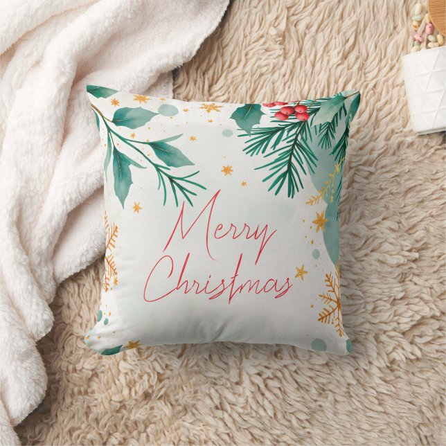 Elegant Watercolor Merry Christmas Throw Pillow  (Blanket)