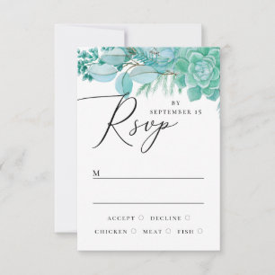 Elegant watercolor mint floral succulents wedding RSVP card