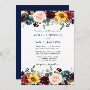 Elegant Watercolor Mixed Floral Wedding Blue Invitation