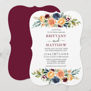 Elegant Watercolor Mixed Floral Wedding Burgundy Invitation