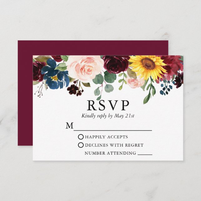 Elegant Watercolor Mixed Floral Wedding Burgundy RSVP Card (Front/Back)