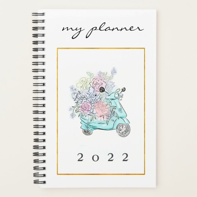 Elegant  Watercolor Modern Mint Flowers Golg Bike  Planner (Front)