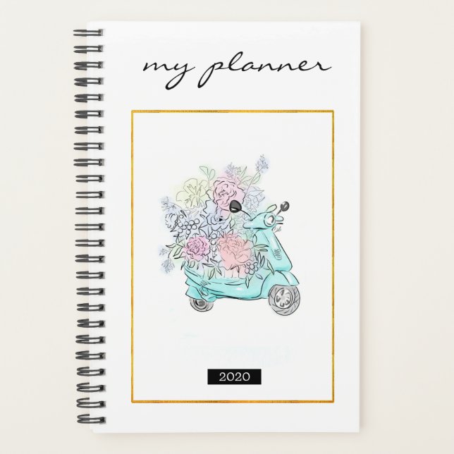 Elegant  Watercolor Modern Mint Flowers Golg Bike Planner (Front)