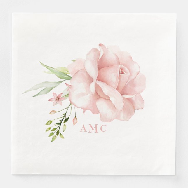 Elegant Watercolor Monogram Pink Floral Dinner Napkin (Front)