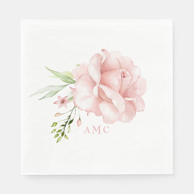 Elegant Watercolor Monogram Pink Floral Luncheon Napkin (Front)