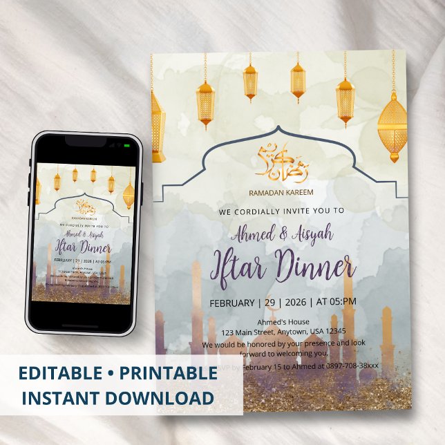 Elegant Watercolor Mosque & Gold Lanterns Iftar Invitation (Creator Uploaded)