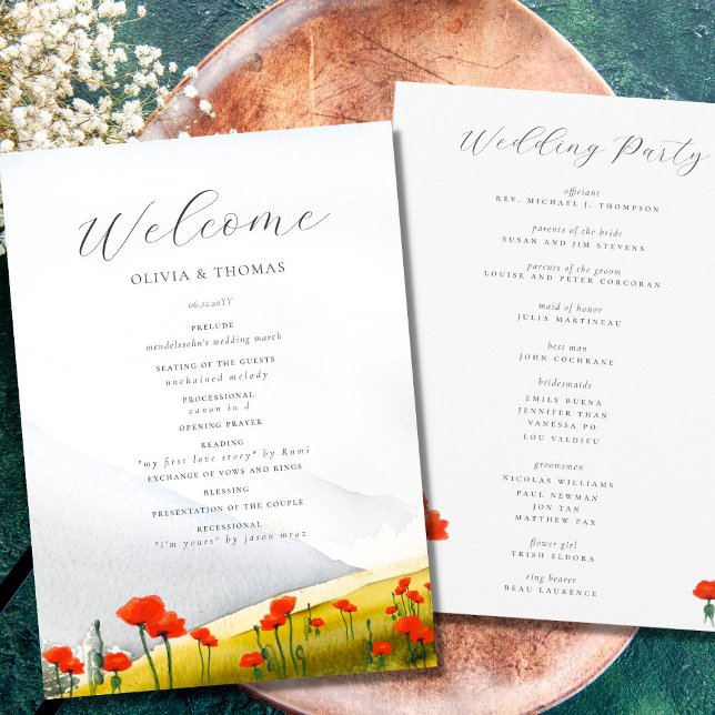 Elegant Watercolor Mountain Poppies Floral Wedding Program (Creator Uploaded)