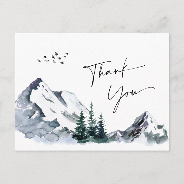 Elegant Watercolor Mountains Forest Thank You QR Postcard (Front)