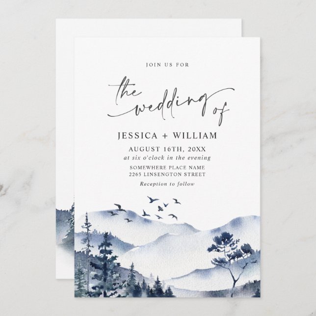 Elegant Watercolor Mountains Forest Wedding Invitation (Front/Back)