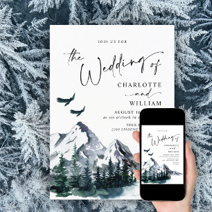 Elegant Watercolor Mountains Forest Wedding Invitation