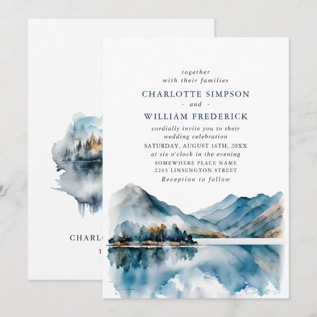 Elegant Watercolor Mountains Forest Wedding Invitation (Front/Back)