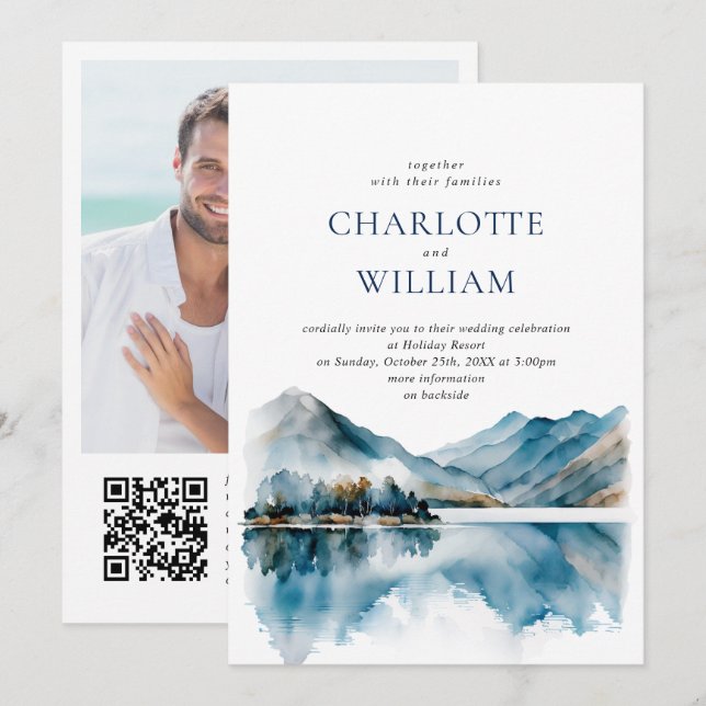 Elegant Watercolor Mountains Forest Wedding Photo Invitation (Front/Back)