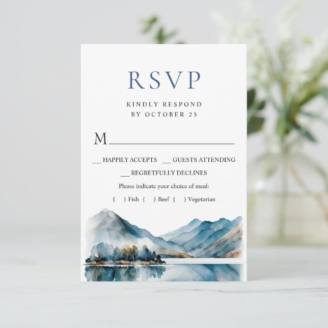 Elegant Watercolor Mountains Forest Wedding RSVP Card (Standing Front)