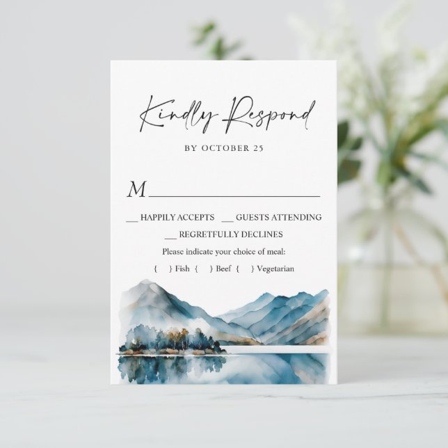 Elegant Watercolor Mountains Forest Wedding RSVP Card (Standing Front)