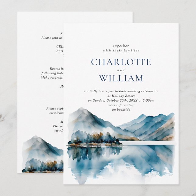 Elegant Watercolor Mountains Forest Wedding RSVP Invitation (Front/Back)