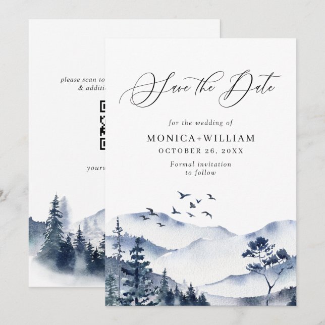 Elegant Watercolor Mountains Forest Wedding Save The Date (Front/Back)