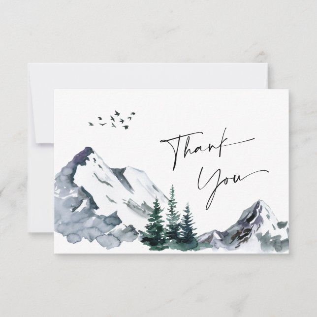 Elegant Watercolor Mountains Forest Wedding Thank You Card (Front)