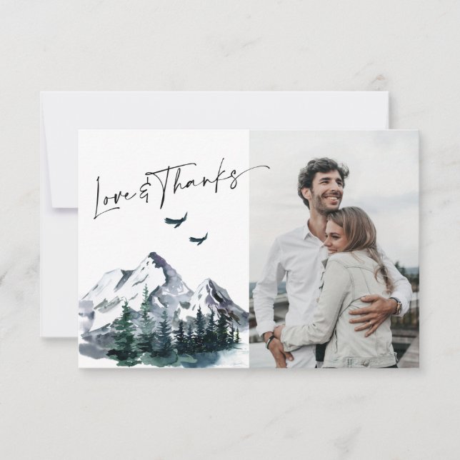 Elegant Watercolor Mountains Forest Wedding Thank You Card (Front)