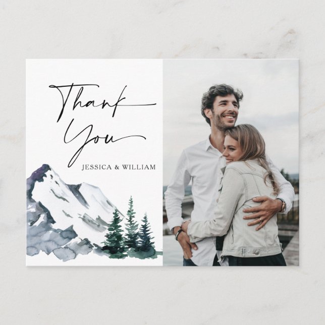 Elegant Watercolor Mountains PHOTO Thank You  Postcard (Front)