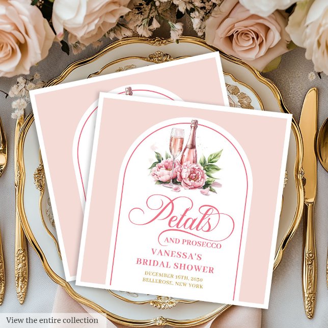 Elegant watercolor napkins pearls and prosecco (Add a touch of sophistication to your celebration with these Petals and Prosecco bridal shower napki)