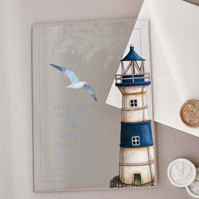 Elegant Watercolor Nautical Lighthouse Wedding Acrylic Invitations (Creator Uploaded)