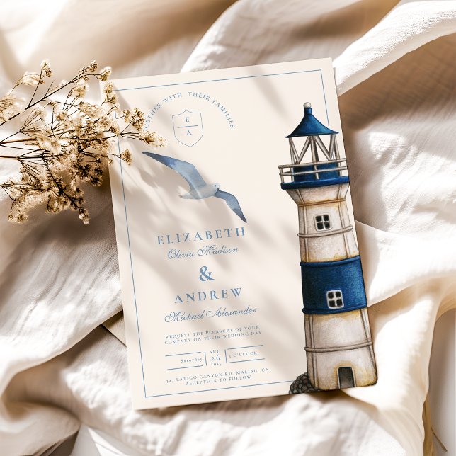 Elegant Watercolor Nautical Lighthouse Wedding Invitation (Creator Uploaded)