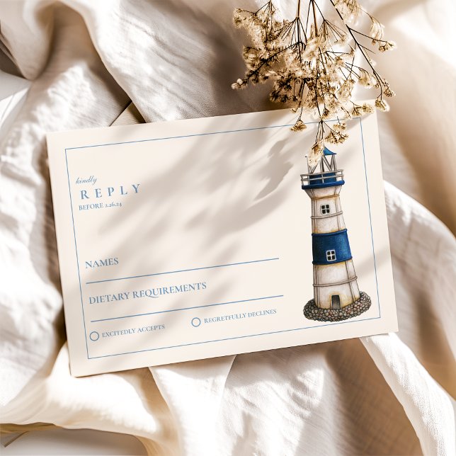 Elegant Watercolor Nautical Lighthouse Wedding RSVP Card (Creator Uploaded)