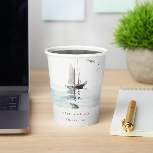 Elegant Watercolor Nautical Sailing Yacht Wedding Paper Cups (Insitu)