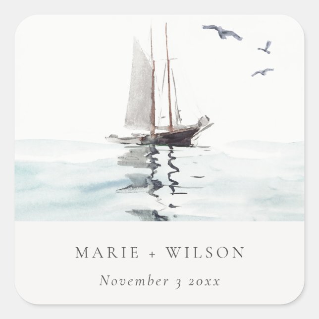 Elegant Watercolor Nautical Sailing Yacht Wedding Square Sticker (Front)