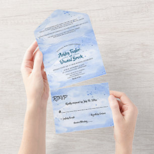 Elegant Watercolor Navy Blue Classy Rustic Wedding All In One Invitation