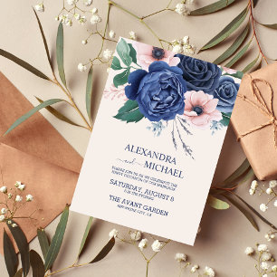 Elegant Watercolor Navy Blue Floral Wedding Invita Invitation