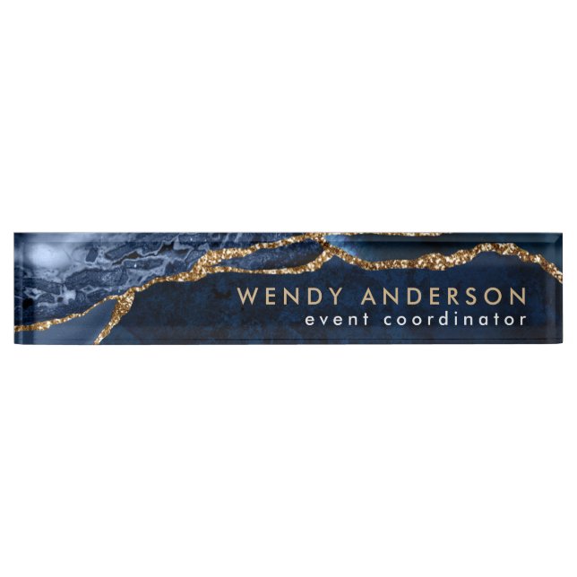 Elegant Watercolor Navy Blue Gold Glitter Agate Nameplate (Front)