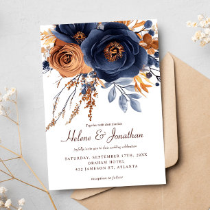 Elegant Watercolor Navy Blue Terracotta Wedding Invitation