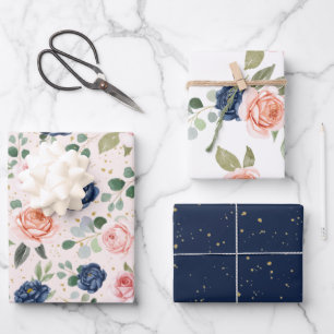 Elegant Watercolor Navy Coral Floral Wrapping Paper Sheet