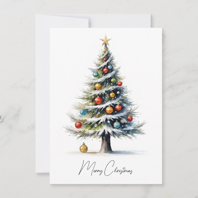 Elegant Watercolor Non Photo Christmas Tree Holiday Card (Front)