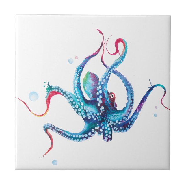 Elegant Watercolor Octopus Ceramic Tile (Front)