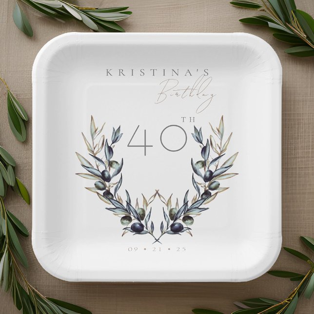 Elegant Watercolor Olive Branch ANY Birthday  Paper Plate (Creator Uploaded)