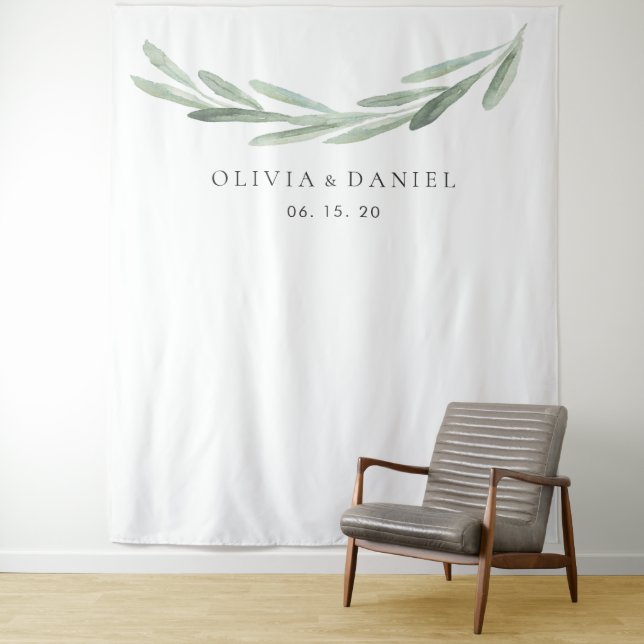 Elegant Watercolor Olive Branch Wedding Backdrop Tapestry (In Situ)
