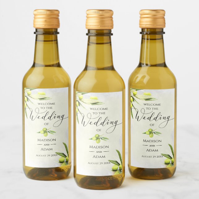 Elegant Watercolor Olive Branches Wedding Wine Label (Bottles)